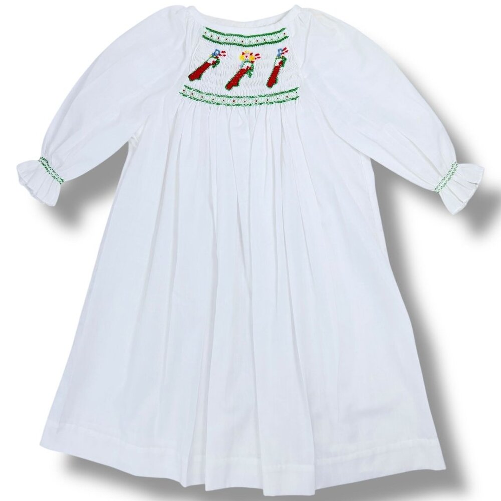Vintage Baby Girls White Winter Christmas Holiday Smocked Long Sleeve Dress 6m